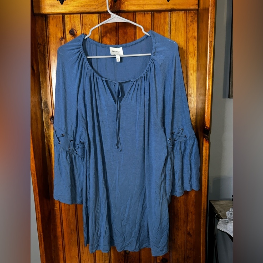 Haute Hippie Tribe‎ Knit Top w/ Bell Sleeves & Lace Detail Slate Blush size 1X